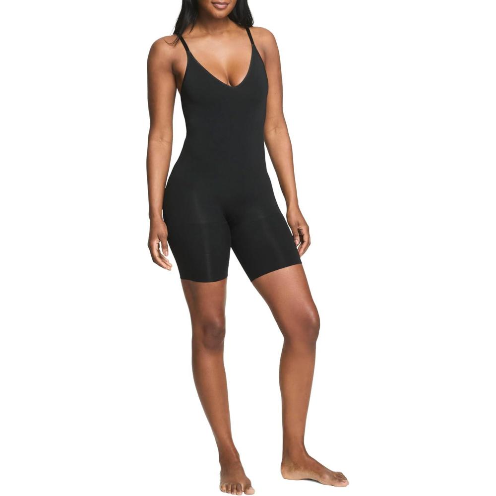 imageSPANX ASSETS Womens Cami MidThigh Bodysuit Seamless Lightweight Shapewear Body Shaper for Firm Tummy ControlVery Black