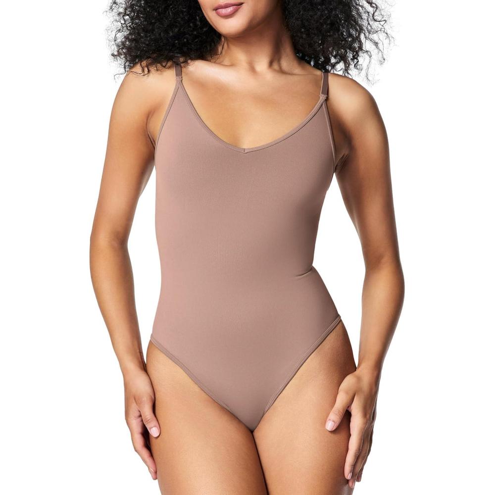 imageSPANXsculpt Seamless Power Thong Bodysuit  Soft Seamless Shapewear for Women  Adjustable Straps  With Snap ClosureCafe Au Lait