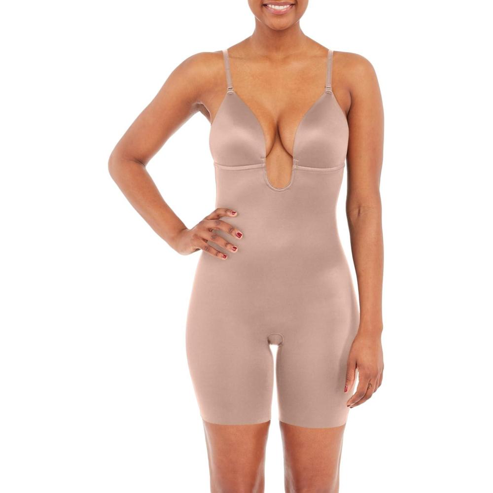 imageSPANXshape Suit Your Fancy Plunge LowBack MidThigh Bodysuit  Comfortable One Piece  Medium Compression  SeamlessCafe Au Lait
