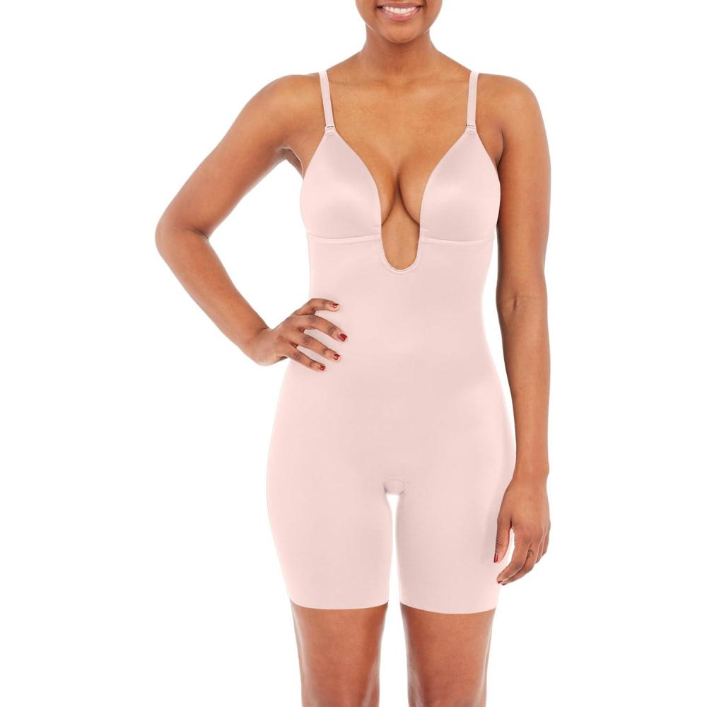 imageSPANXshape Suit Your Fancy Plunge LowBack MidThigh Bodysuit  Comfortable One Piece  Medium Compression  SeamlessChampagne Beige
